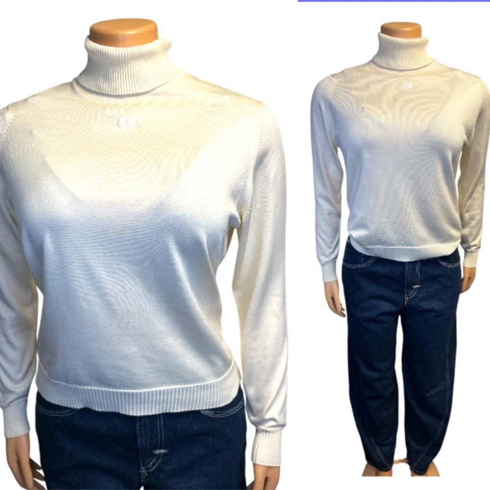 Vintage Givenchy Knit Turtleneck Cream zip back Paris & New York monogram,size S
